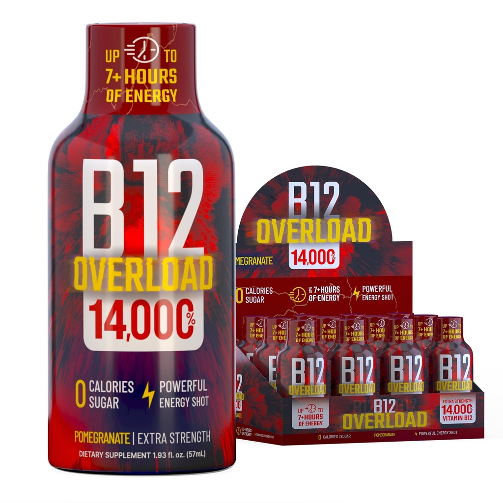 B12 Overload Extra Strength Energy Shot – Pomegranate – 260mg Caffeine, 14000% B12, Electrolytes – Energy & Vitality Support – Zero Sugar No Calories – Vegan, Kosher, Gluten-Free – 1.93 fl oz, 12-Pack