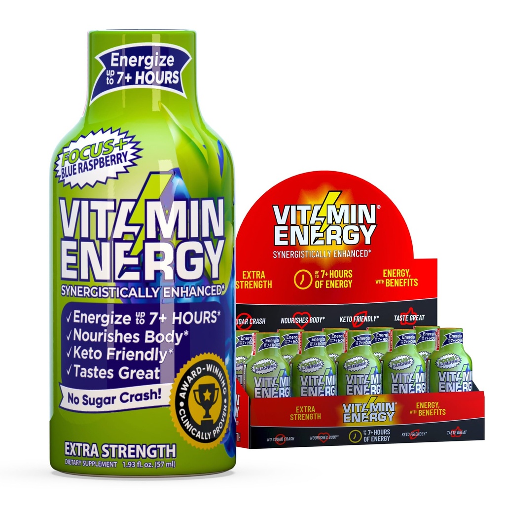 Vitamin Energy Focus+ Extra Strength Energy Shot Blue Raspberry 10 Pack, 260mg Natural Caffeine, B-Vitamins, CoQ10, Amino Acids, Focus, Productivity & Clarity, Zero Sugar, Gluten-Free, 1.93 fl oz