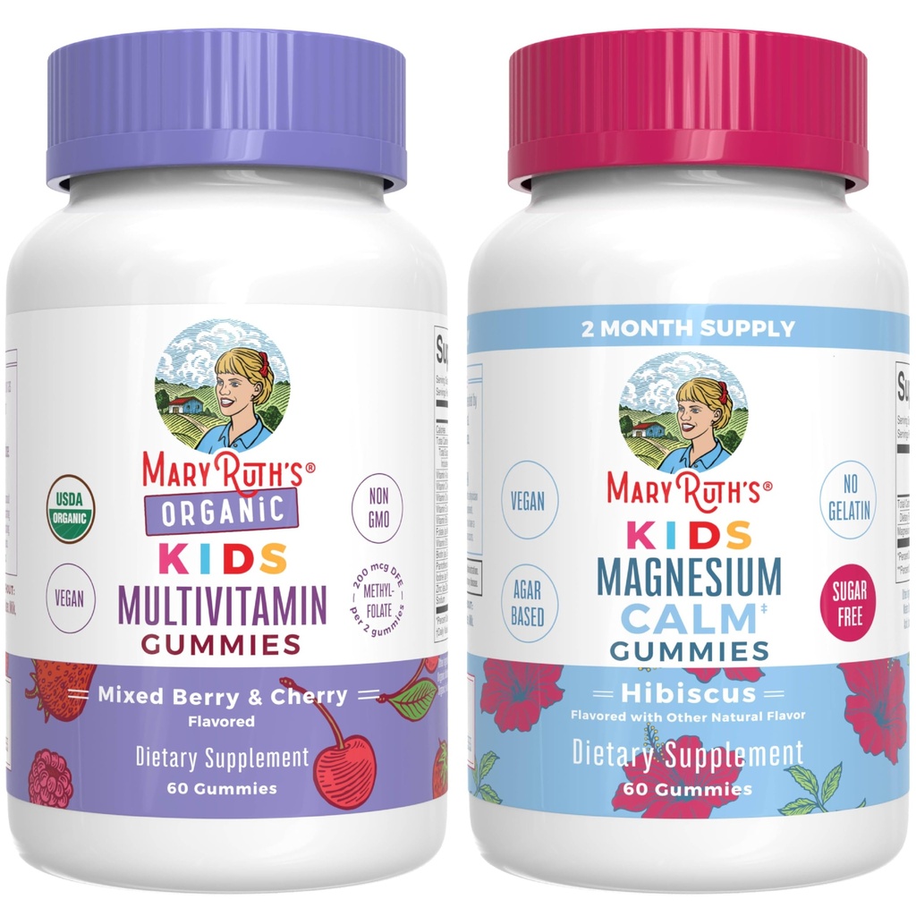 MaryRuth's Gummies for Kids–USDA Organic Multivitamin (Mixed Berry & Cherry), & Magnesium Calm (Hibiscus) | No Gelatin! | Vitamins for Immunity, Gut Health, & Overall Wellness | Vegan, Non-GMO