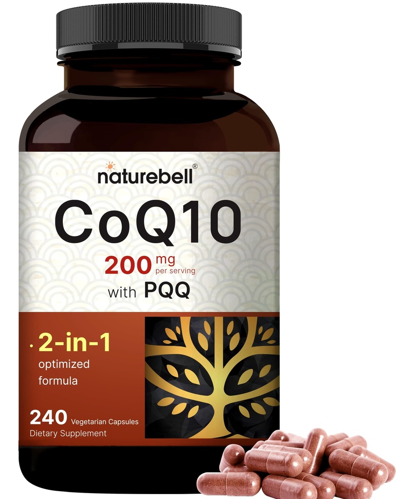 NatureBell CoQ10 200mg with PQQ, 240 Veggie Capsules | Stable High Absorption Form – Antioxidant Support for Heart, & Energy Health – Extra Strength Coenzyme Q10 Supplement