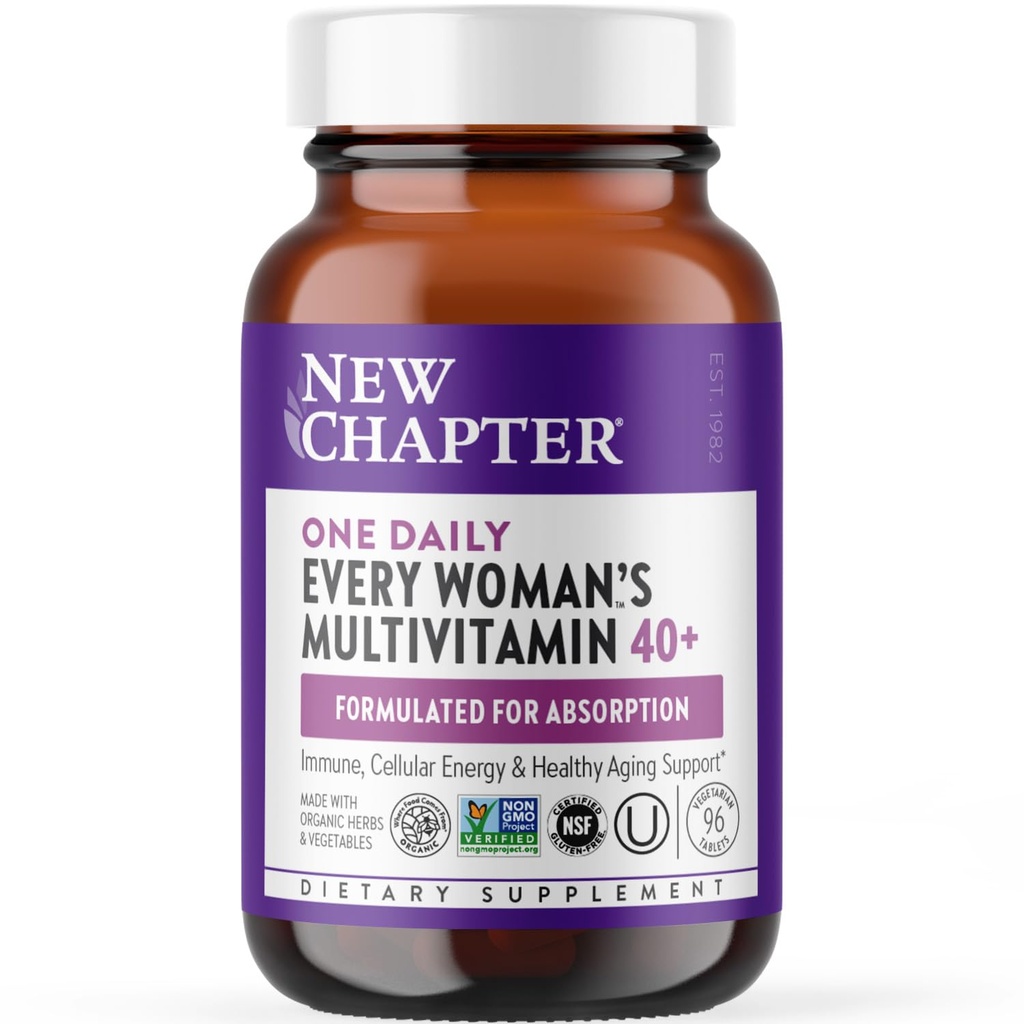New Chapter Women’s Multivitamin 40+, extra B6 & B12, Biotin for Hair Growth, D3, Vit C, Zinc for Immune & Stress Support, Gentle on an Empty Stomach, One Daily, Non-GMO, Gluten-Free, 96 Tablets