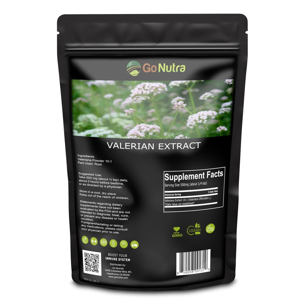 Go Nutra Valerian Root Extract Powder | 10:1 Extra Strength Valeriana Officinalis | Herbal Valerian Root Powder, No Fillers, Vegan, Non-GMO, Gluten-Free | 8 oz