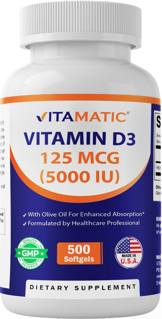 Vitamatic Vitamin D3 5000 IU (125 mcg) – 500 Mini Softgels Olive Oil-Based Formula – Cold-Pressed – 500-Day Supply – Supports Bone, Muscle & Immune Health – Non-GMO & Gluten-Free