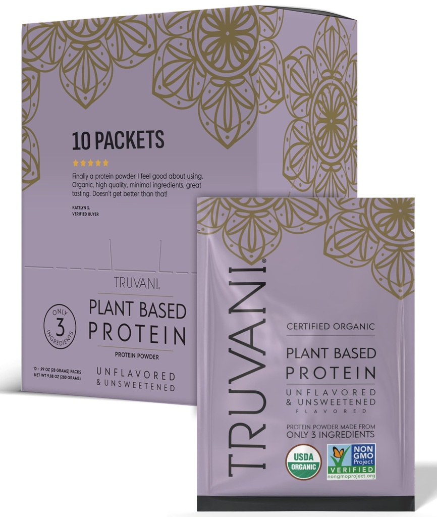 Truvani Vegan Pea Protein Powder | Unflavored | 20g Organic Plant Based Protein | Single Serving Travel Packets | 10 Servings | Keto | Gluten & Dairy Free | Low Carb | No Added Sugar