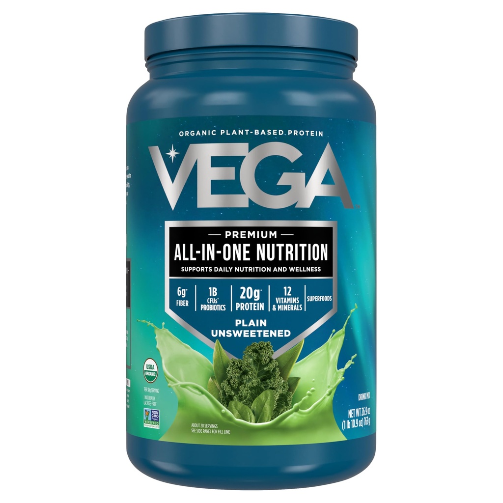 Vega All in One Nutrition Organic - 20g Plant-Based Pea Protein, Unsweetened, 20 Servings, Vitamins A & C, Probiotics, Greens, Vegan, Keto, Gluten Free, 26.9oz (Packaging May Vary)