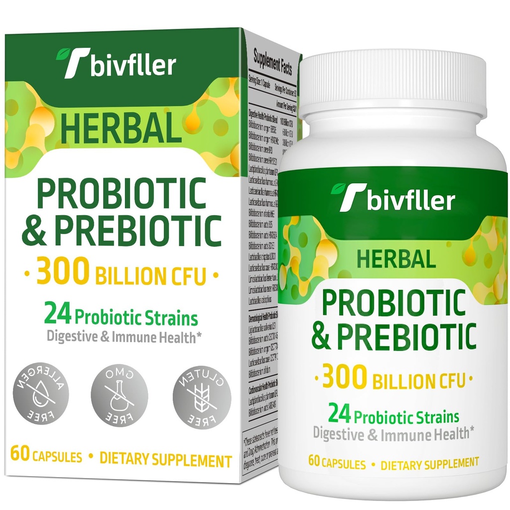 Probiotics for Women Men- 300 Billion CFU, 24 Strains Probiotic+15 Organic Herbs Prebiotics Blend, Pre and Probiotics, for Digestive Health, Immune & Gut, Diarrhea, Bloating, Vegan, 2 Month Supply