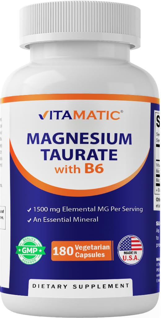 Vitamatic Magnesium Taurate 1500mg per Serving - 180 Vegetarian Capsules (Provides 300 mg of Elemental Magnesium) - Added B6 for Maximum Absorption - Supports Muscle, Joint, and Heart Health*