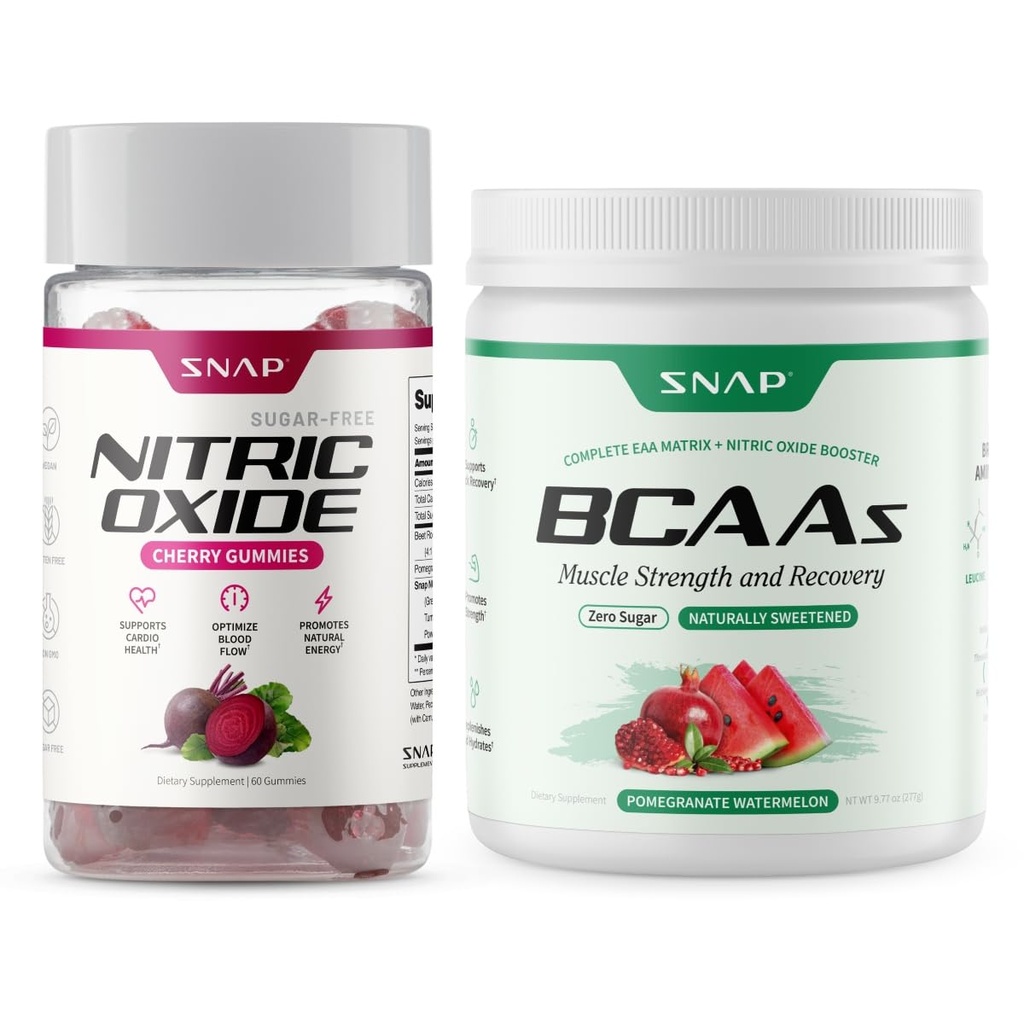Snap Supplements Nitric Oxide Beet Root Gummies + BCAA Powder Bundle, 60 Cherry Gummies + 30 Servings Pomegranate Watermelon