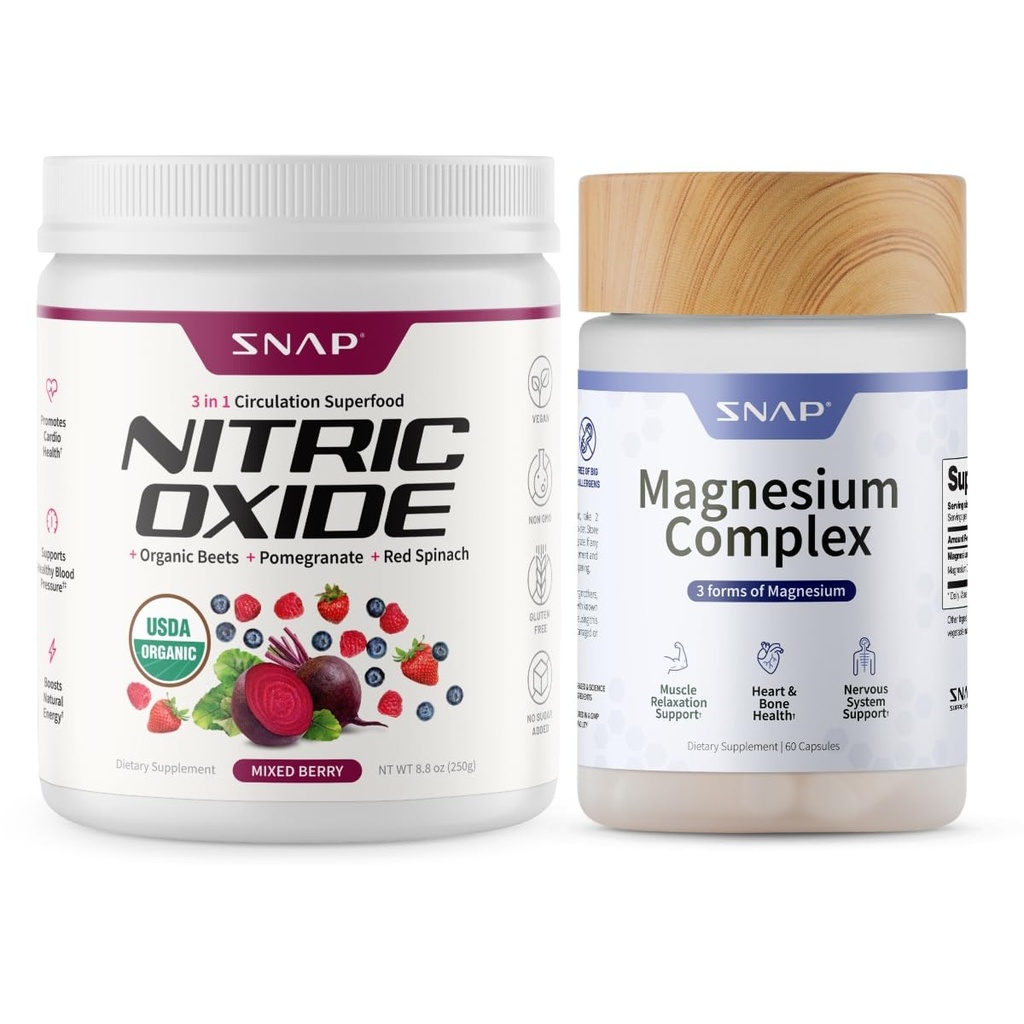Snap Supplements Organic Beet Root Nitric Oxide Powder + Magnesium Complex Capsules, 30 Servings Mixed Berry Powder + 60 Vegetarian Capsules
