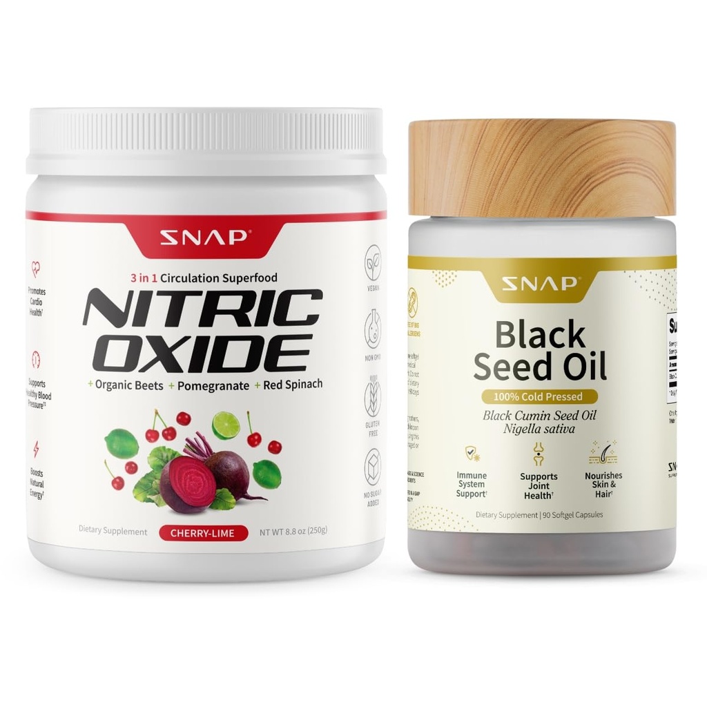 Snap Supplements Nitric Oxide Beet Root Powder + Black Seed Oil Bundle, 30 Servings Cherry Lime + 90 Vegetarian Softgels