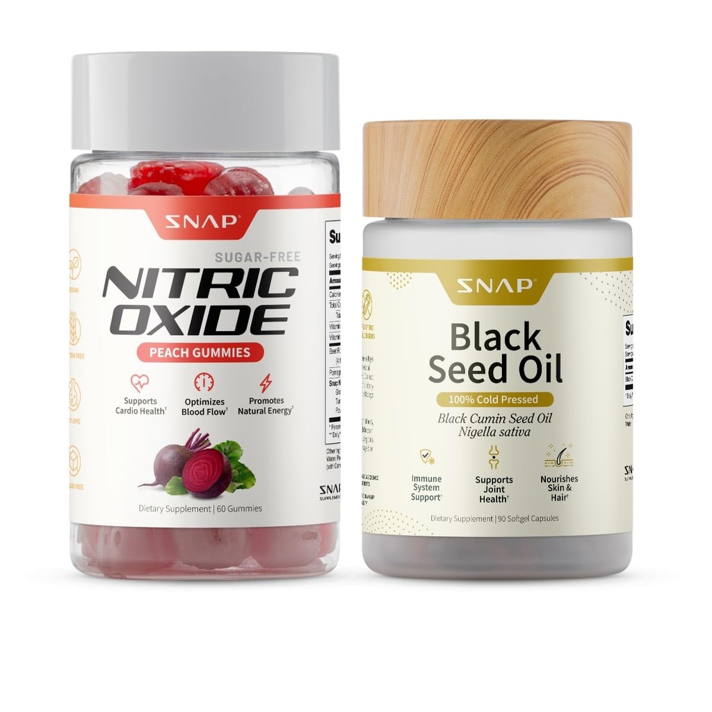Snap Supplements Nitric Oxide Beet Root Gummies + Black Seed Oil Bundle, 60 Peach Gummies + 90 Softgels