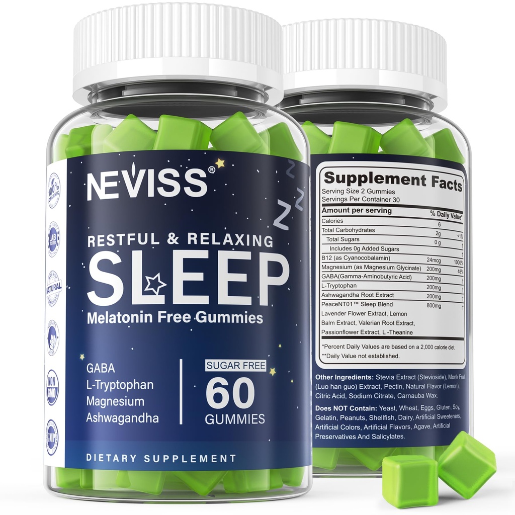 NEVISS Melatonin Free Sleep Aid Gummies for Adults - Magnesium Glycinate Gummies | GABA, L-Tryptophan, Magnesium, Ashwagandha - Non-Habit Forming, Help for Deep Relaxation - Vegan, Lemon Flavor, 1Pack