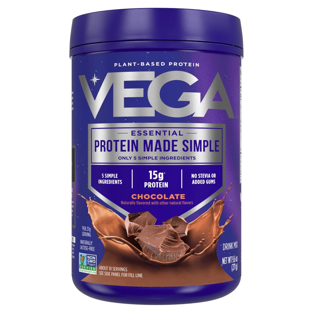 Vega Protein Made Simple - 15g Plant-Based Pea Protein, Chocolate, 10 Servings, Stevia Free, No Artificial Sweeteners or Gums, Non-GMO, Gluten Free, Dairy Free, 9.6oz (Packaging May Vary)