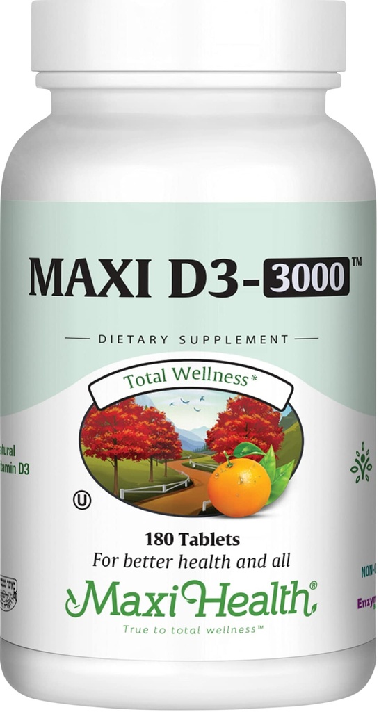 Maxi Health Vitamin D3 3000 IU 75 mcg Vitamin D Supplement for Healthy Bones, Teeth, Immune Support - VIT D3 Supplement Easy to Swallow Non-GMO, Supplement for Men and Women – Kosher (180 Tablets)