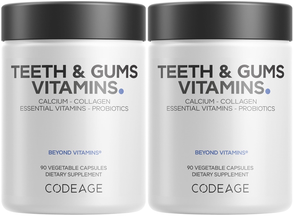 Codeage Teeth & Gums Vitamins + Oral Probiotics Supplement for Mouth - Whole Food Calcium, Collagen, Potassium, Vitamin C, D3, K2, Zinc – Oral Care & Dental Multivitamin Supplements - 2 Pack