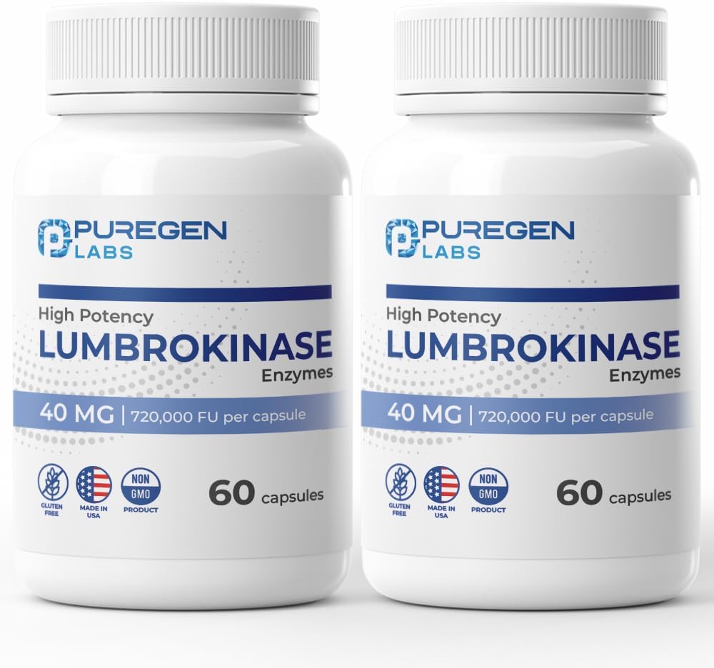 Puregen Labs Lumbrokinase 40mg per Capsule High Potency Supplement | High Activity Lumbrokinase Enzymes | No Harmful Additives | Non-GMO | Gluten Free | Made in USA - Total 120 Vegetarian Capsules