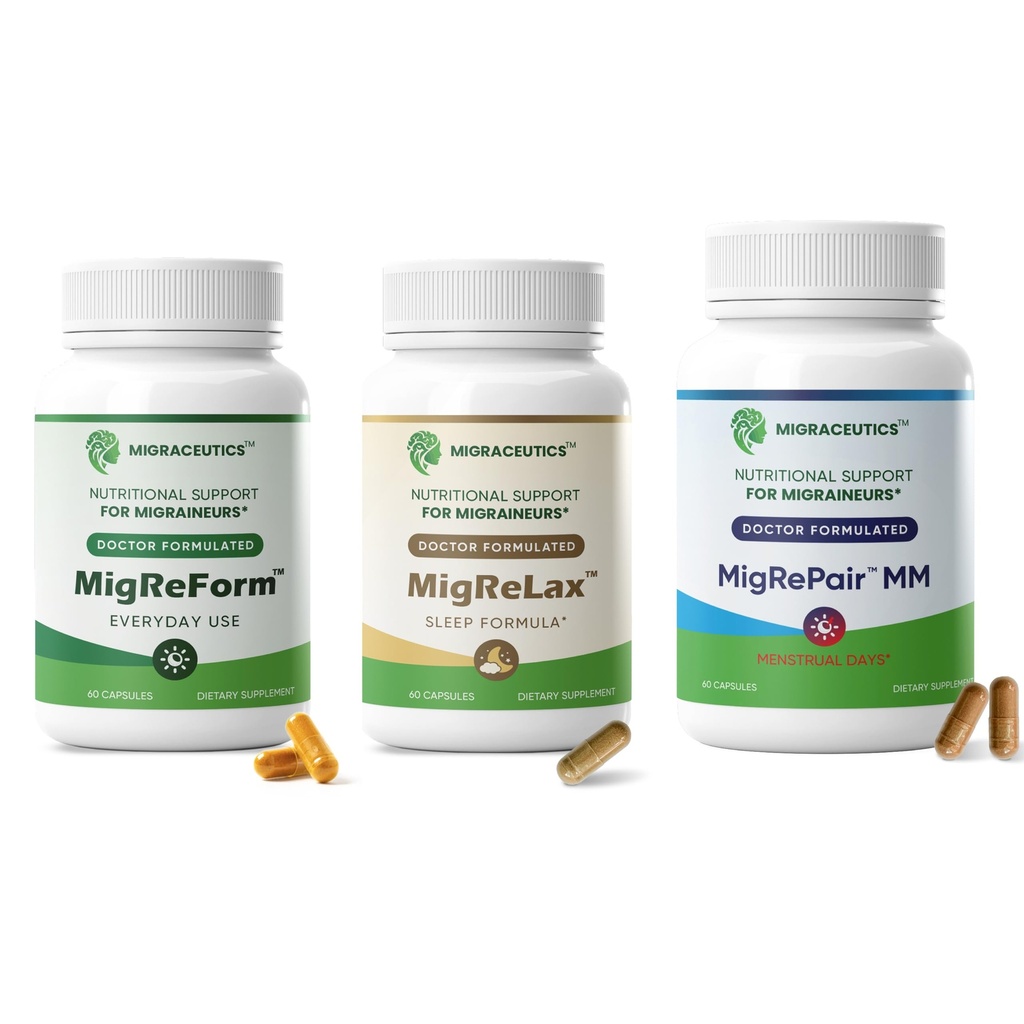 MigReForm, MigReLax & MigRePair MM 3-Bottle Bundle (180 Capsules) | Doctor Formulated Migraine Relief for Women | Hormonal & Menstrual Migraine Support | Relaxation, Sleep & Daily Migraine Help
