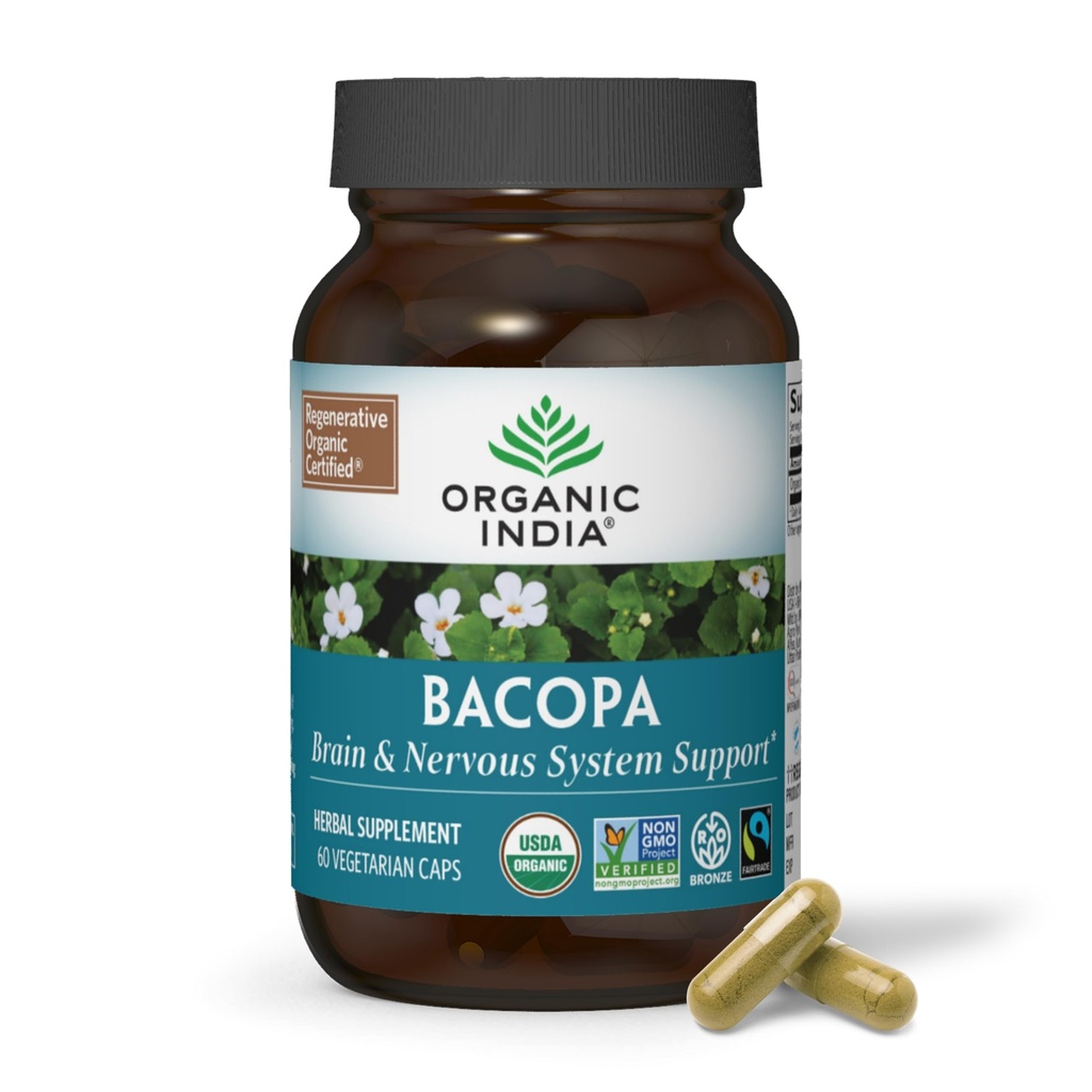 ORGANIC INDIA Bacopa Supplement - Bacopa Monnieri Organic, Brain, Focus, & Memory Support for Women & Men, Ayurvedic Herbs, Non GMO, Fairtrade Certified - 60 Vegan Capsules