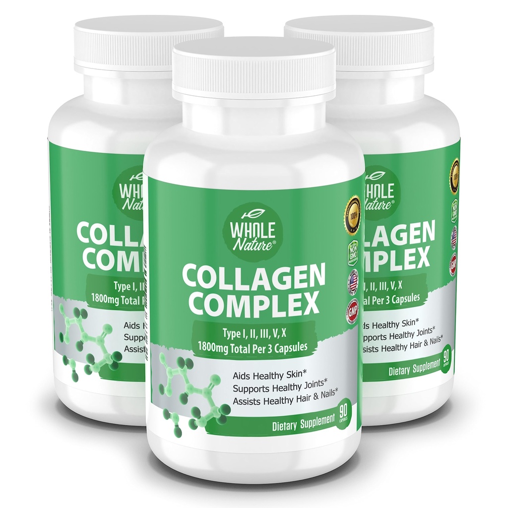 Multi Collagen Protein Peptides Supplement Capsules - 1800mg Collagen Complex Types I, II, III, V, X - Joint Support, Healthy Hair, Skin, Nails, Beauty Vitamins, 100% Natural, Non-GMO 270ct (3)