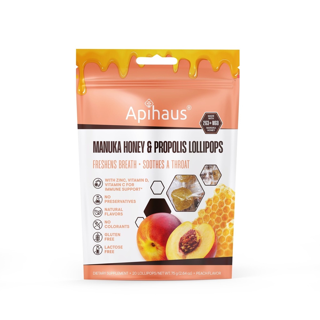 Soothing Manuka Honey Cough Lollipops - Immune Support with Vitamin C, Vitamin D, Zinc and Propolis - by Apihaus - Throat Soothing Lollipops, 20 Ct