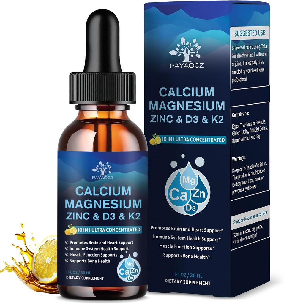 (4 Pack) 10 in 1 Calcium Magnesium Zinc Supplement, Magnesium Glycinate Complex Liquid Drops with Vitamin D3 K2 B6, Vegan Calcium Citrate Bone & Immune Health Support, Sleep & Cramps, Boron, 1 Fl Oz