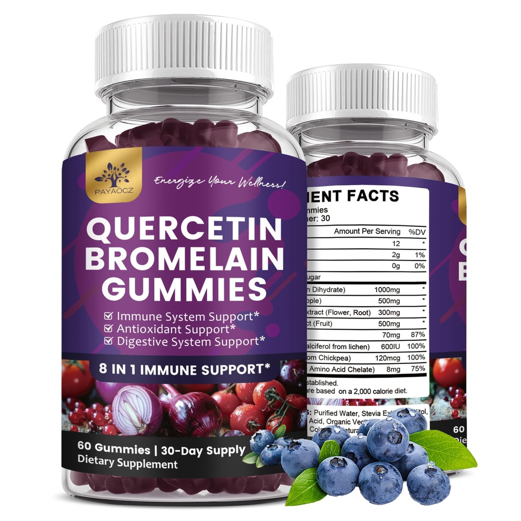 (2 Pack) Quercetin Gummies with Bromelain Zinc Elderberry Vitamin C D3 K2, Quercetin 1000mg Supplement with Bromelain 500mg for Cardiovascular, Immune System & Allergy, Vegan Gummy for Adult & Kid