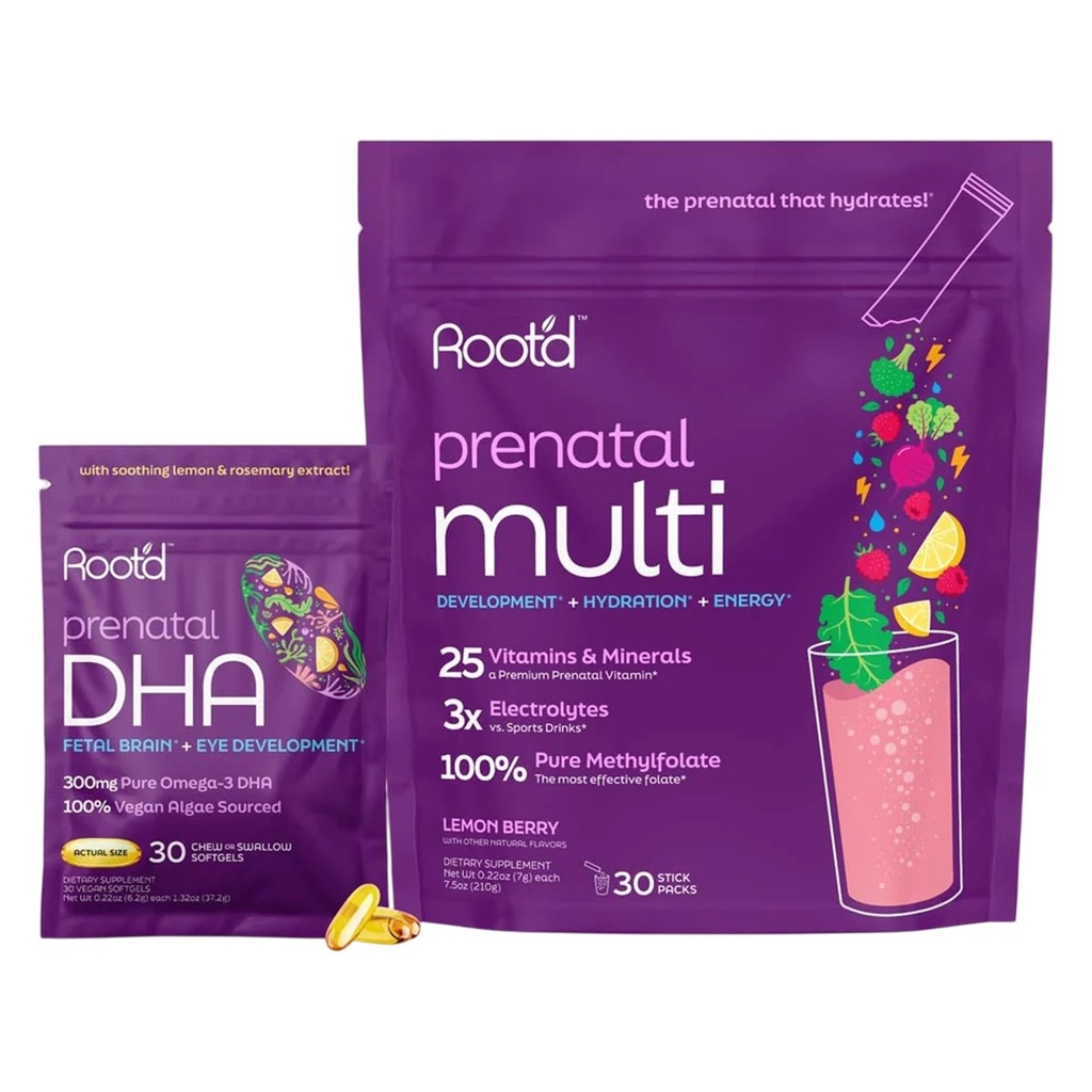 Root'd Prenatal DHA + Multivitamin Powder for Pregnancy Support, Fetal Development, Hydration & Immune Boost - Vegan, Non-GMO