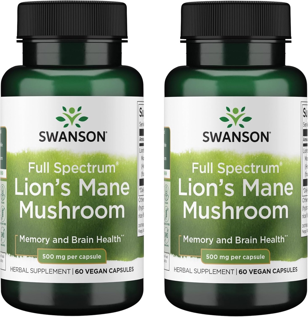 Swanson Full Spectrum Lion's Mane Mushroom - Brain Health Supplement to Support Memory, Focus & Clarity* - May Also Aid Immune, Heart & Digestive Health - Gluten-Free & Non-GMO - 60 Capsules (2 Pack)