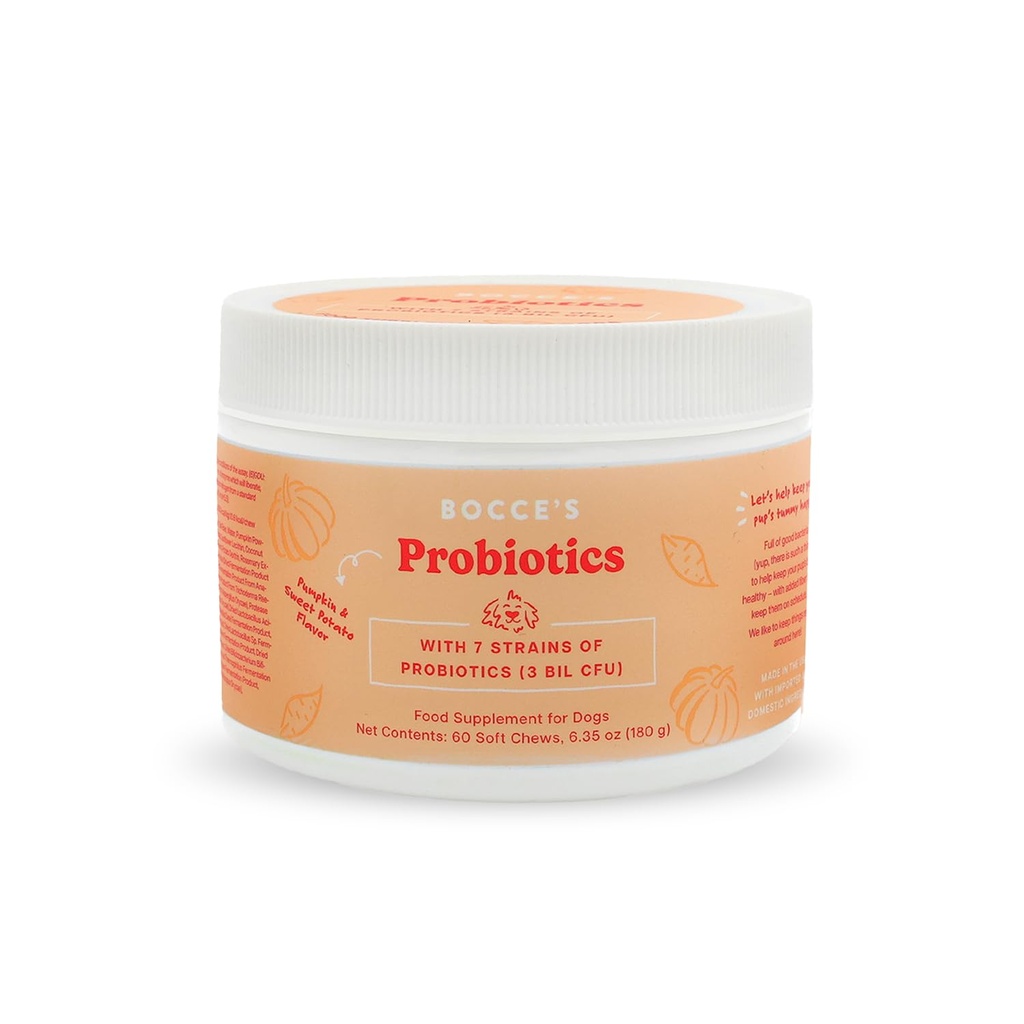 Bocce's Bakery Probiotic Supplement for Dogs, Daily Chews, Made in The USA with with 7 Strains of Probiotics, Supports Digestion, Pumpkin & Sweet Potato, 60 ct, Orange (DG-SP-PRO60)