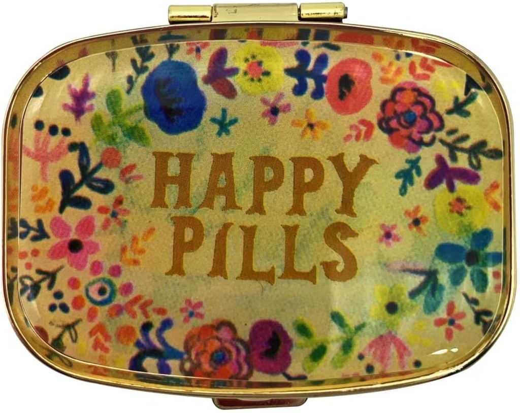 Happy Pills Pill Organizer Cute Metal Pill Case Travel Friendly Portable Compact Pill Box Pill Container to Hold Tylenol/Vitamins/Fish Oil/Supplements/Meds/Tablet for Purse/Pocket