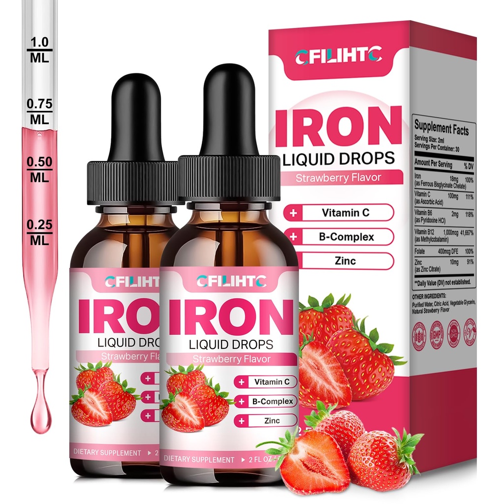Liquid Iron Supplement for Women Men & Kids Multivitamin Iron Drops with Folate, Vitamin C, B6, B12, Zinc for Anemia, Iron Deficiency, Blood Builder, Energy - Natural Strawberry Flavor, Vegan 4 Fl Oz