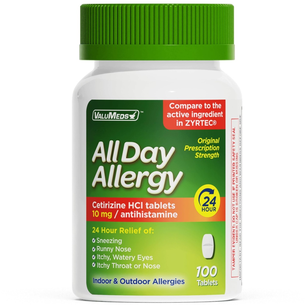 ValuMeds 24-Hour Allergy Medicine Antihistamine for Pollen, Hay Fever, Dry, Itchy Eyes, Allergies | Cetirizine HCl 10mg Caplets, Compare to Leading Brand (100 Count)
