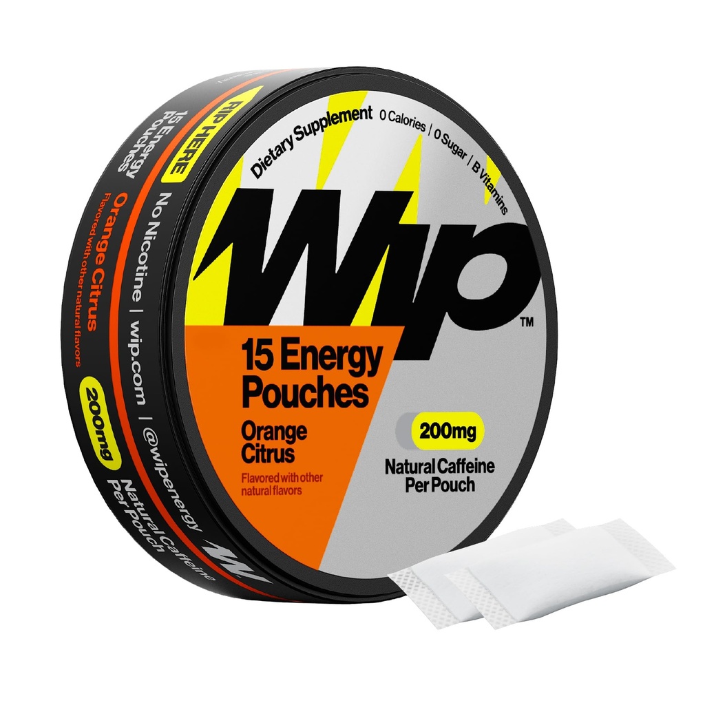 Wip Energy Pouches, Sugar Free Blend with 200 MG Natural Caffeine, B Vitamins, Minerals & L Theanine for Energy Support, Pre Workout for Active Lifestyles, Orange Citrus, 1 Can, 15 Pouches