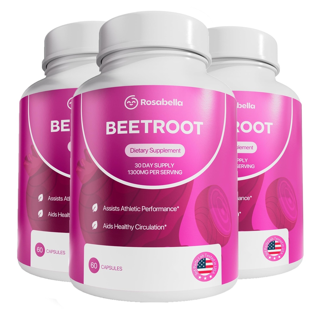 Rosabella Organic Beet Root Capsules - 1300mg Beet Root Powder Aids Healthy Circulation & Vitality, Non-GMO, Beet Root Supplement - 180 Capsules, 90-Day Supply