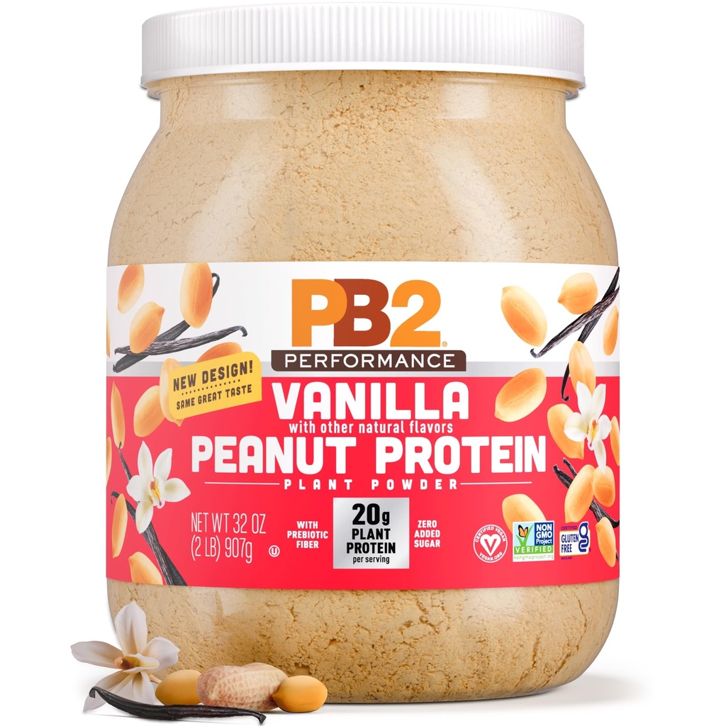PB2 Performance Peanut Plant Based Vegan Protein Powder | 20g Complete Protein, No Added Sugar, Prebiotic Fiber | Dairy Free, Certified Vegan, Non-GMO, Gluten Free [Peanut w/Madagascar Vanilla, 2LB]
