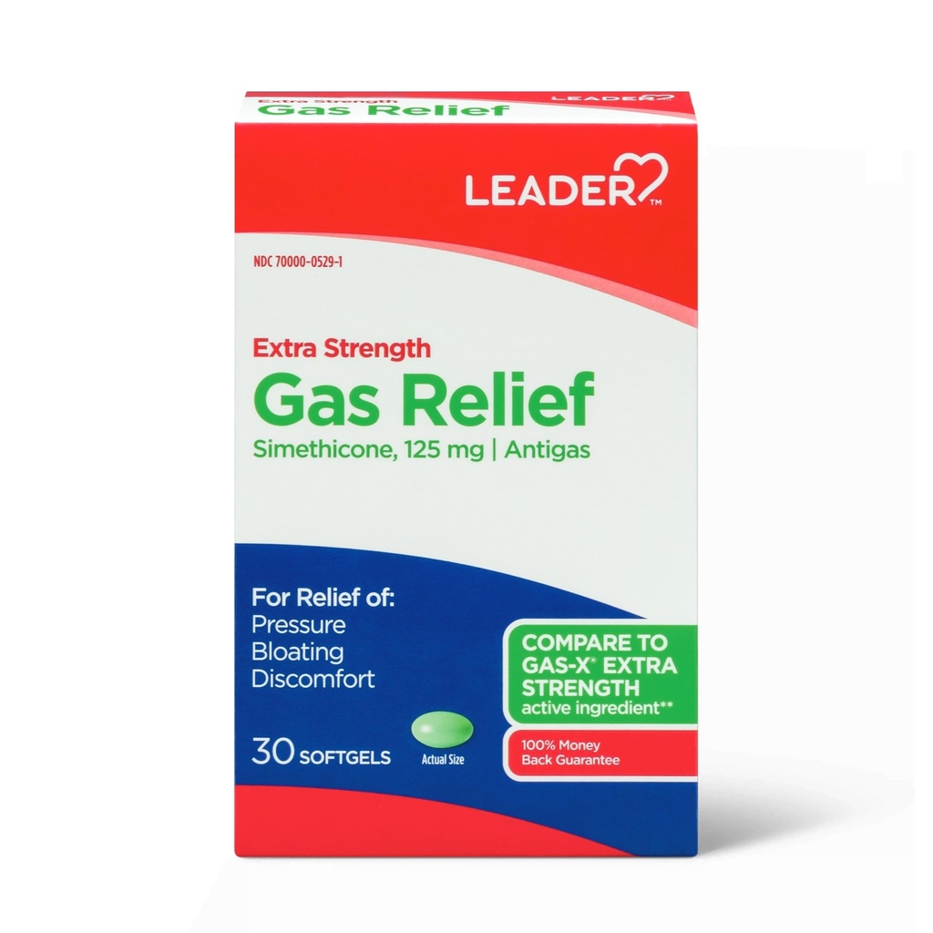 Leader Gas Relief Simethicone 125mg, Antigas Softgels, Relieves from Stomach Discomfort and Gas, Anti Flatulence, Fast Bloating Relief, 30 Softgels