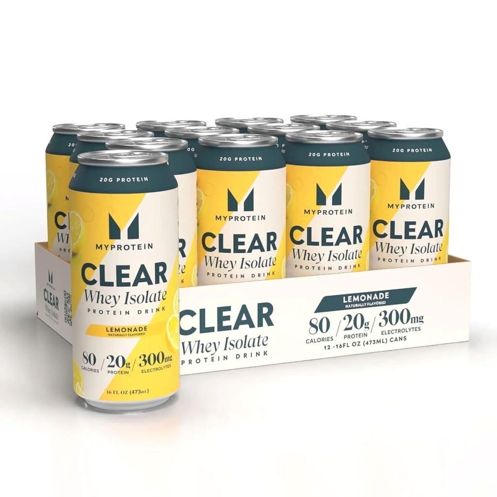 Myprotein Clear Whey Isolate Ready-to-Drink Protein, Lemonade, 16 Fl Oz, Pack of 12, 20g Protein, 80 Calories, Sugar-Free, Refreshing Fruity Flavored Beverage for Superior Performance