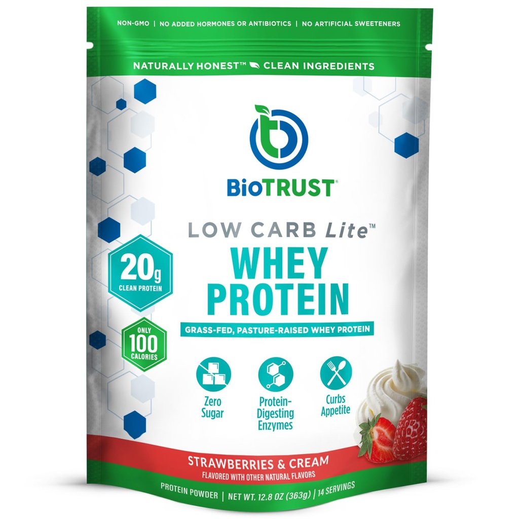 BioTrust Low Carb Lite, 20 Grams of Grass-Fed Whey Protein Isolate, 100 Calories, ProHydrolase Digestive Enzymes, Non-GMO, Free from Soy and Gluten, rBGH-Free (14 Servings) (Strawberries and Cream)