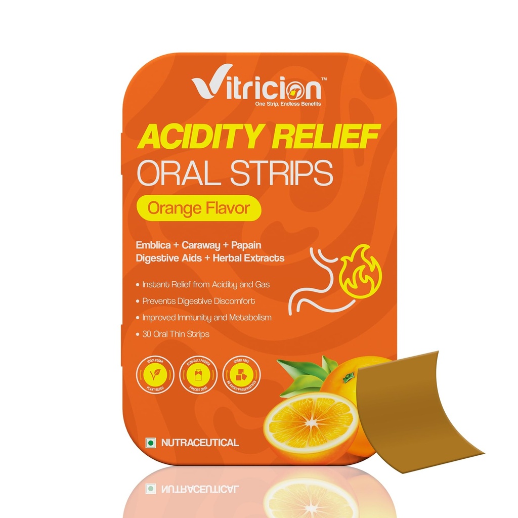 Acidity Relief Oral Strips 30 Strips | Fast-Dissolving Supplement for Acid Reflux, Bloating & Gas Natural Digestive Support for Men & Women | Orange Flavor
