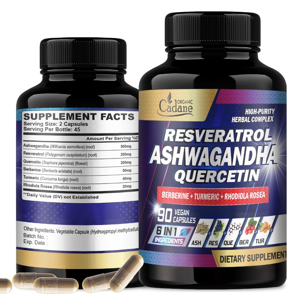Organic Cadane Ashwagandha Supplements - 6 Premium Ingredients with Resveratrol, Quercetin, Berberine, Turmeric, Rhodiola Rosea - 90 Extract Capsules