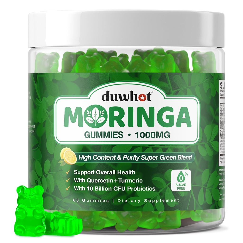 Moringa Gummies for Women Men, Pure Organic Moringa Leaf Extract Supplement with Vitamin C & E, Turmeric, Ceylon Cinnamon, Probiotics for Gut & Immune Health, Supergreen, Sugar-Free, Vegan, 60 Chews