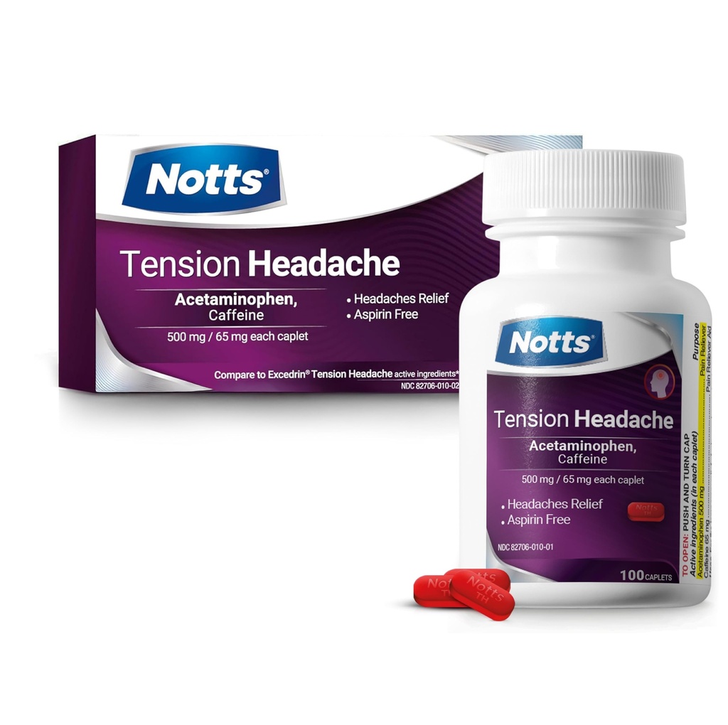 Tension Headache Relief Without Aspirin for Head, Neck & Shoulder Pain - 100 Count, Acetaminophen 500 mg Caffeine 65 mg Caplets, for Aches Caused by Tension and Stress. Headache Relief caplets