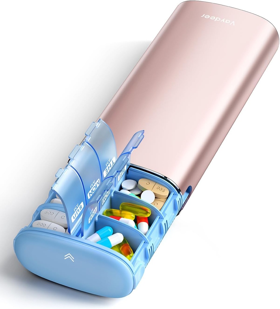 Vaydeer 7 Day Weekly Pill Organizer 2 Times a Day, Metal Am Pm Travel Pill Case, Large Capacity Twice Daily Cute Pill Box for Supplements, Pills, Vitamins and Medication (Rose Gold)
