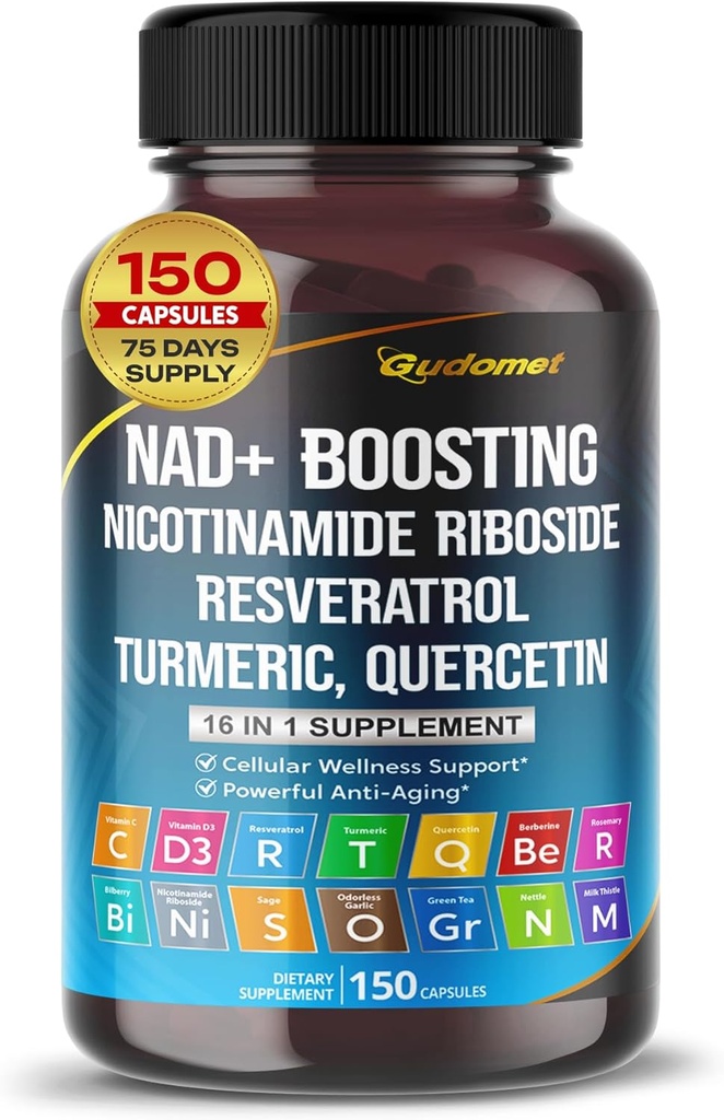 NAD+ Boosting Trans-Resveratrol Turmeric Quercetin Rosemary Bilberry Sage Green Tea Oregano Nettle Milk Thistle Black Pepper -150 Capsules- Made in USA