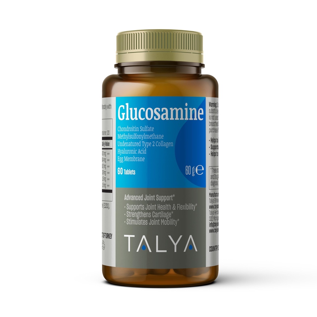 TALYA Glucosamine Supplement 1500 mg - 1 Month Supply - with Chondroitin, MSM, Collagen, Hyaluronic Acid - Non-GMO, 60 Tablets - Supports Joint Mobility and Comfort