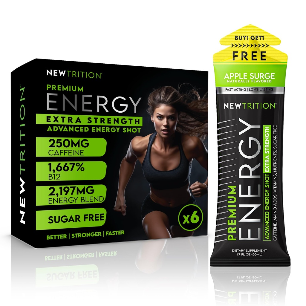 NewTrition® Extra Strength Energy Shots, 1.7 fl oz - 250mg Caffeine with Vitamin B & Amino Acids, Sugar-Free, Zero Calorie Vitamin Energy Drink for Focus & Endurance (Pack of 6, Apple Surge)