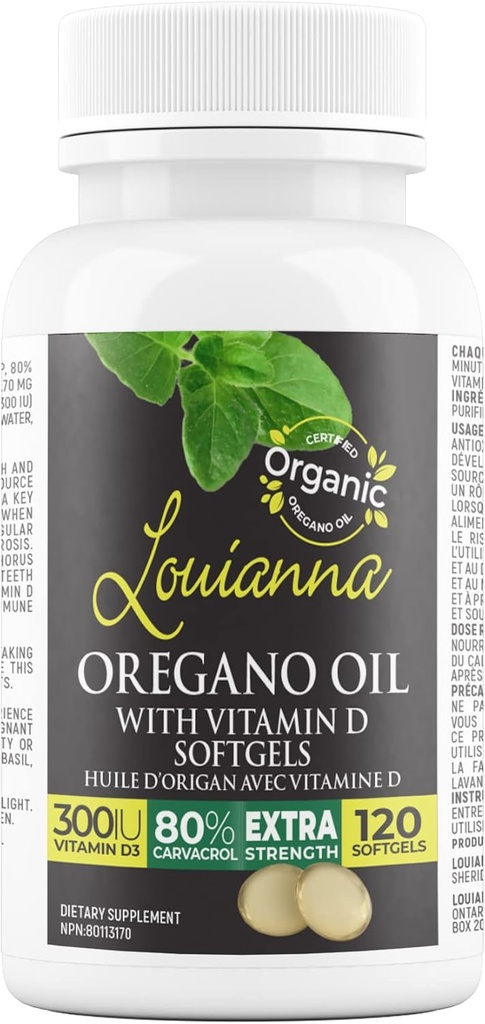Louianna - Organic Wild Oregano Oil with Vitamin D, Liquid Softgel Capsules with 80 Percent Carvacrol, Supports Your Bones, Immune and Gut Health, Herbal Supplements, 120 Softgels