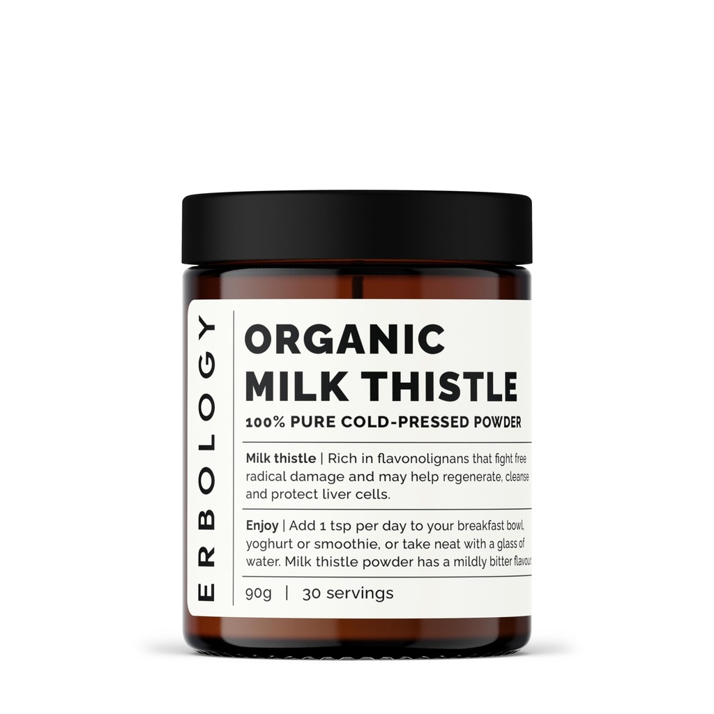 Erbology Organic Milk Thistle Powder 3.2 oz - 30 Servings - 180mg Silymarin per Serving - Liver Health - Cold-Pressed from 100% Milk Thistle Seeds - Sustainably Sourced in Europe - Vegan - GMO-Free