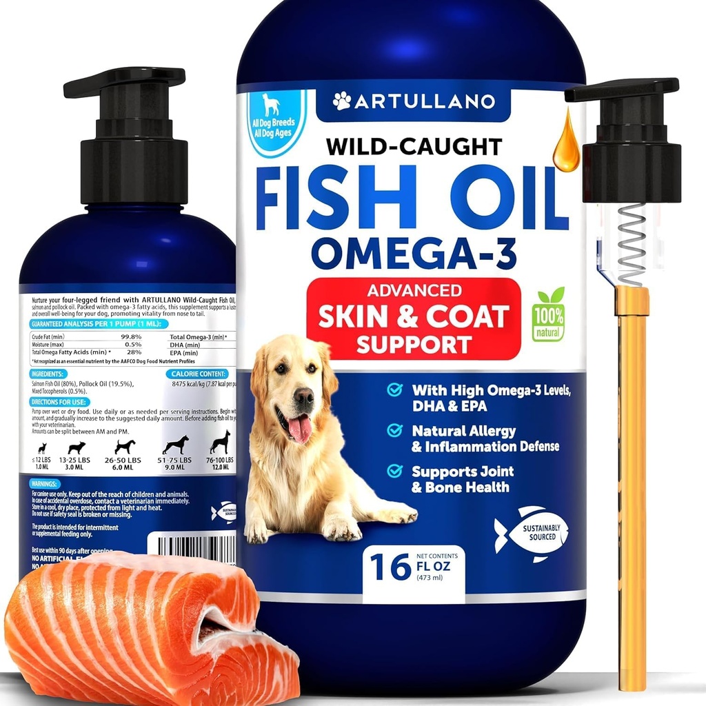 Omega 3 Fish Oil for Dogs - Better Than Salmon Oil - Skin and Coat Defense Liquid Supplement for Allergy Relief - High EPA & DHA for Shedding, Mobility, Itching, Joint & Bone Health Support - 16 FL OZ