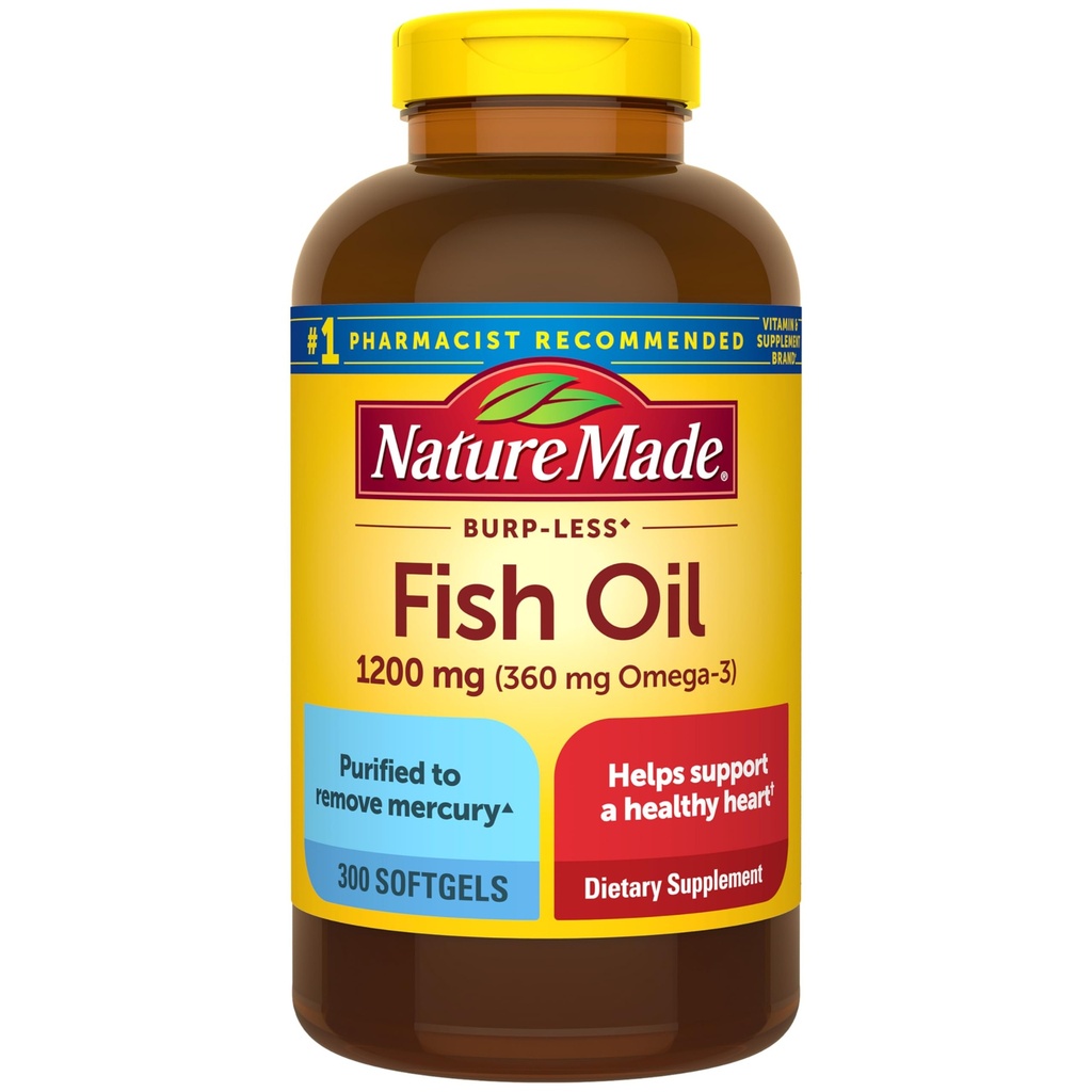 Nature Made Burp Less Fish Oil Omega 3 Supplements, 1200 mg Softgels, Omega 3 Fish Oil for Healthy Heart Support, 300 Softgels, 150 Day Supply